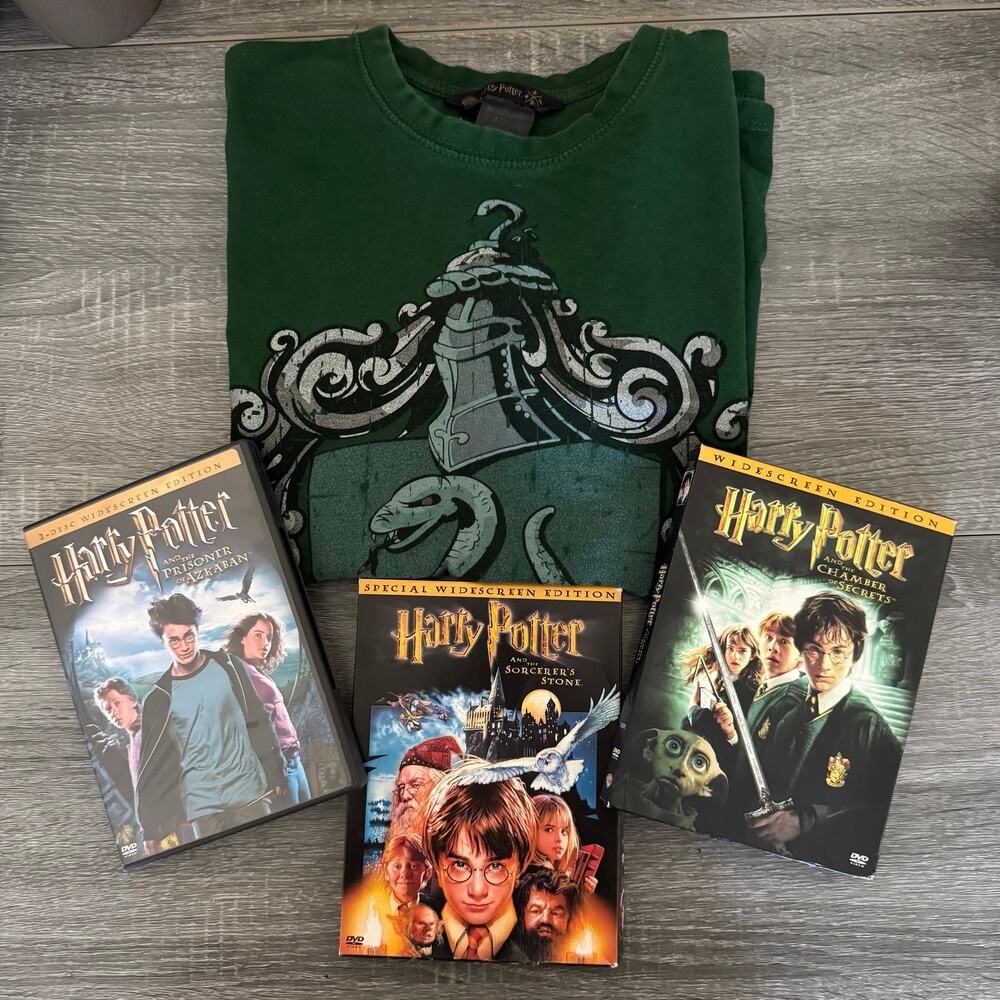 Harry Potter Slytherin T-Shirt Size S + 3 DVD Movie Bundle Hogwarts